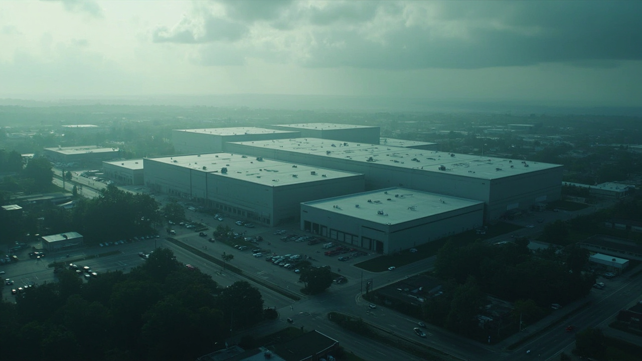 Imagen generada por IA con el prompt: Aerial view of a massive gray data center warehouse complex dominating a small American town's landscape, overcast sky, editorial illustration style