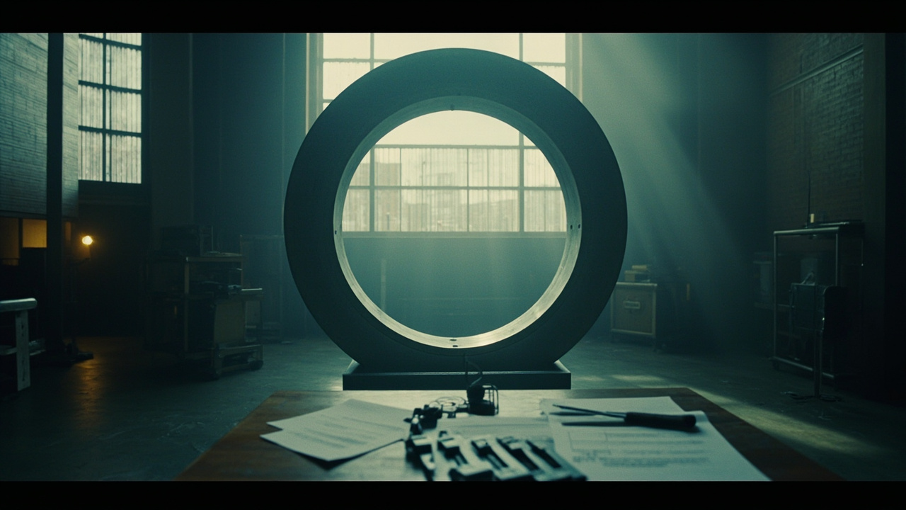 Imagen generada por IA con el prompt: A towering metallic stargate ring monument inside an empty film studio, scattered scripts and clapperboards on a table, overcast London daylight through tall windows, editorial cinematic style, muted cool tones.