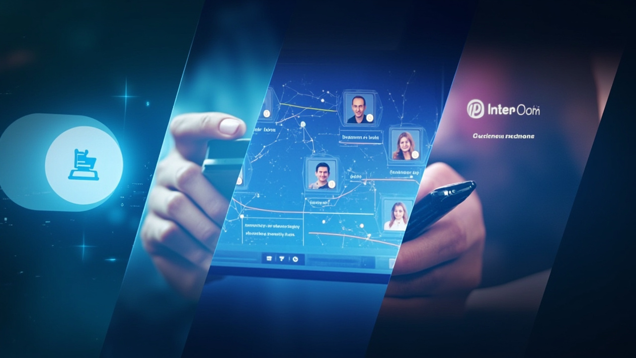 Imagen generada por IA con el prompt: A split-screen editorial illustration comparing three customer messaging tools: on the left a simple chat bubble with a small shop icon (Tidio), center a large enterprise dashboard with multiple users (Intercom), right a