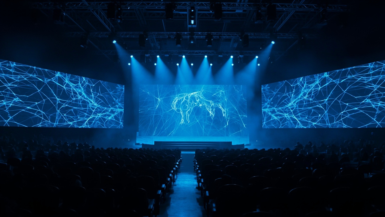 Imagen generada por IA con el prompt: Modern tech conference stage in San Francisco, large blue-lit screens showing AI neural network graphics, empty auditorium seats, sleek corporate atmosphere, no recognizable faces
