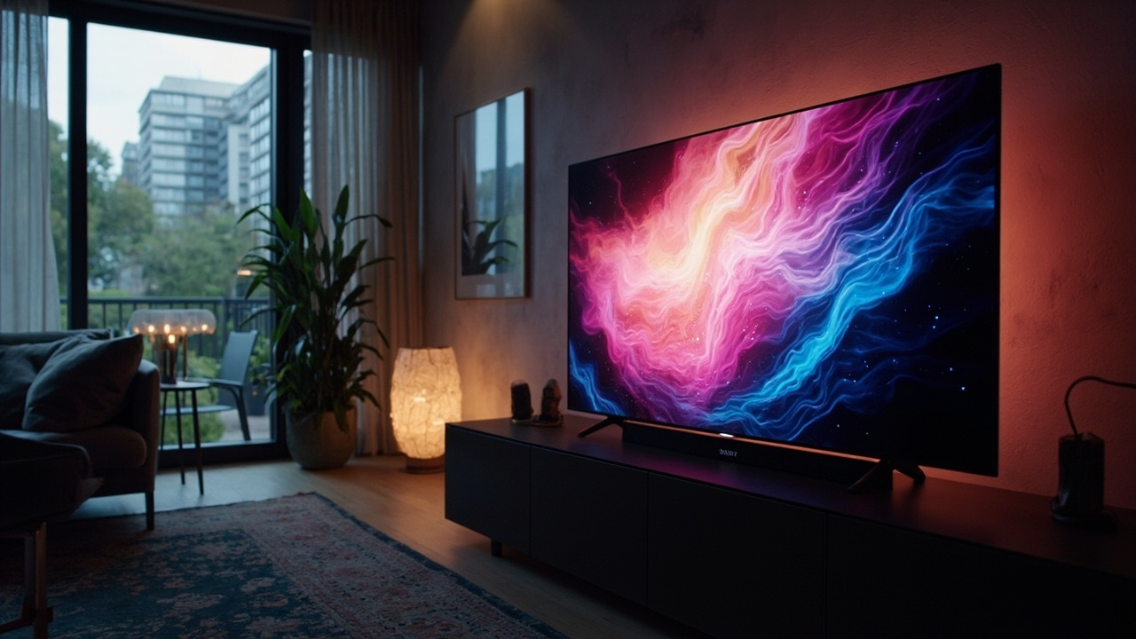 Imagen generada por IA con el prompt: Sony Bravia 9 II TV with True RGB backlight displaying vivid colors in a modern living room, cinematic atmosphere, no logos or text.