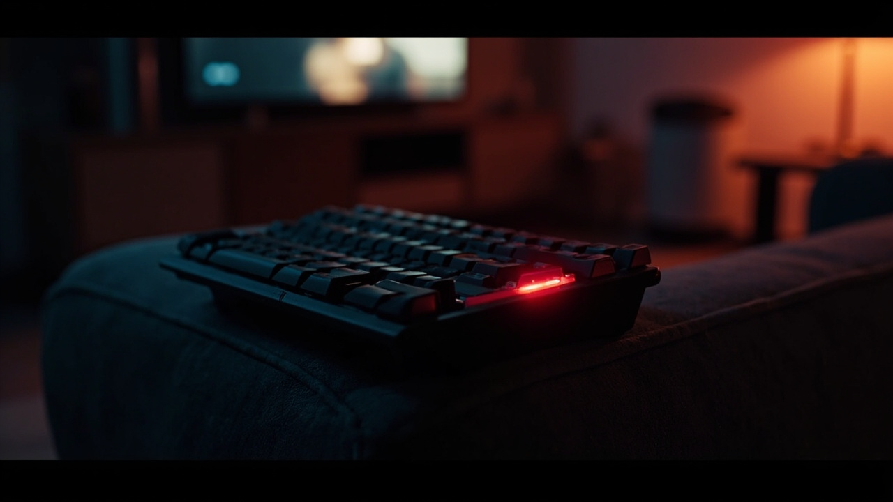 Imagen generada por IA con el prompt: Close-up of a compact wireless keyboard on a sofa armrest, TV glowing in the dim living-room background, a glowing Fn key highlighted in soft red, frustrated mood, warm ambient light