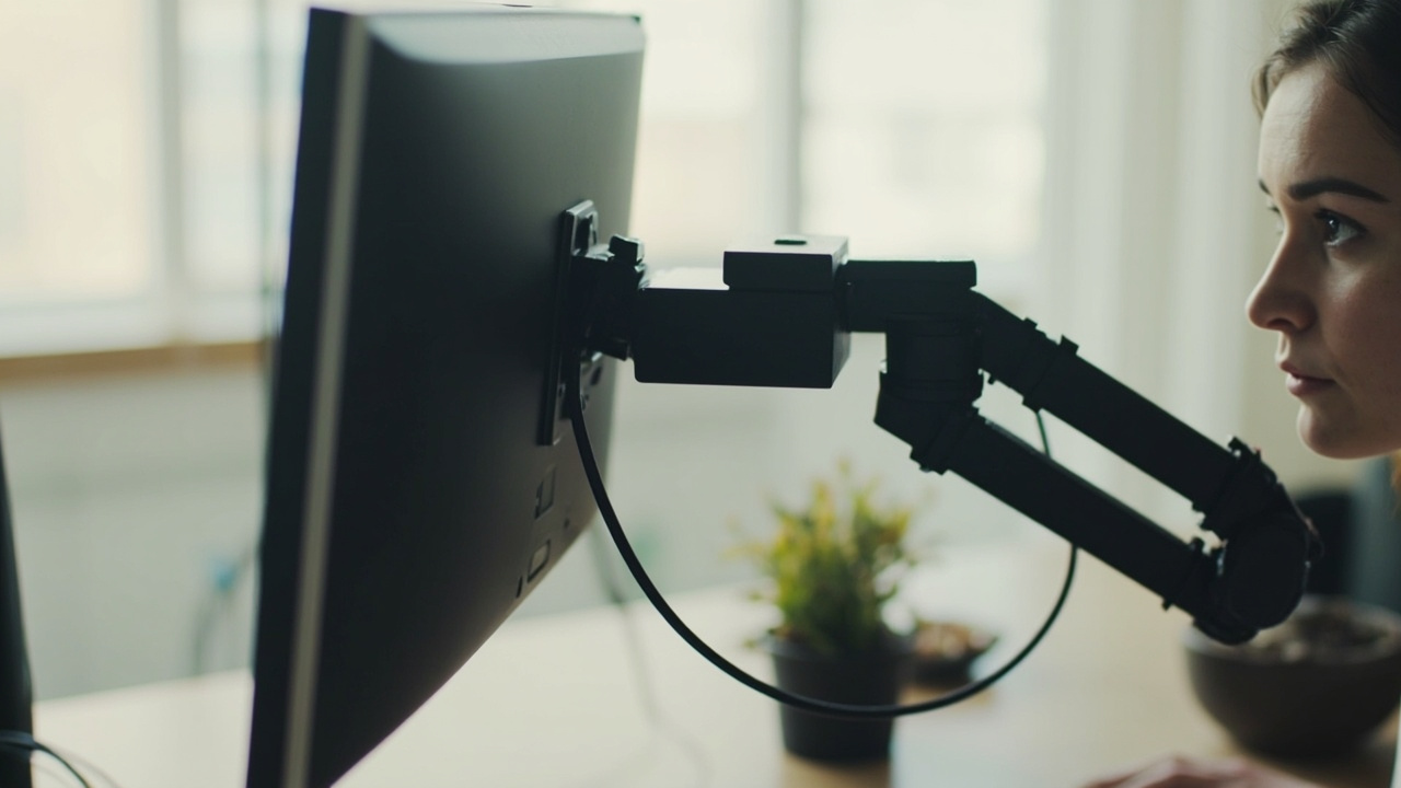Imagen generada por IA con el prompt: A foldable telescoping webcam mount extending from the back of a computer monitor on an articulating arm, webcam aligned at eye level, minimalist desk setup, soft natural light, no visible faces or logos