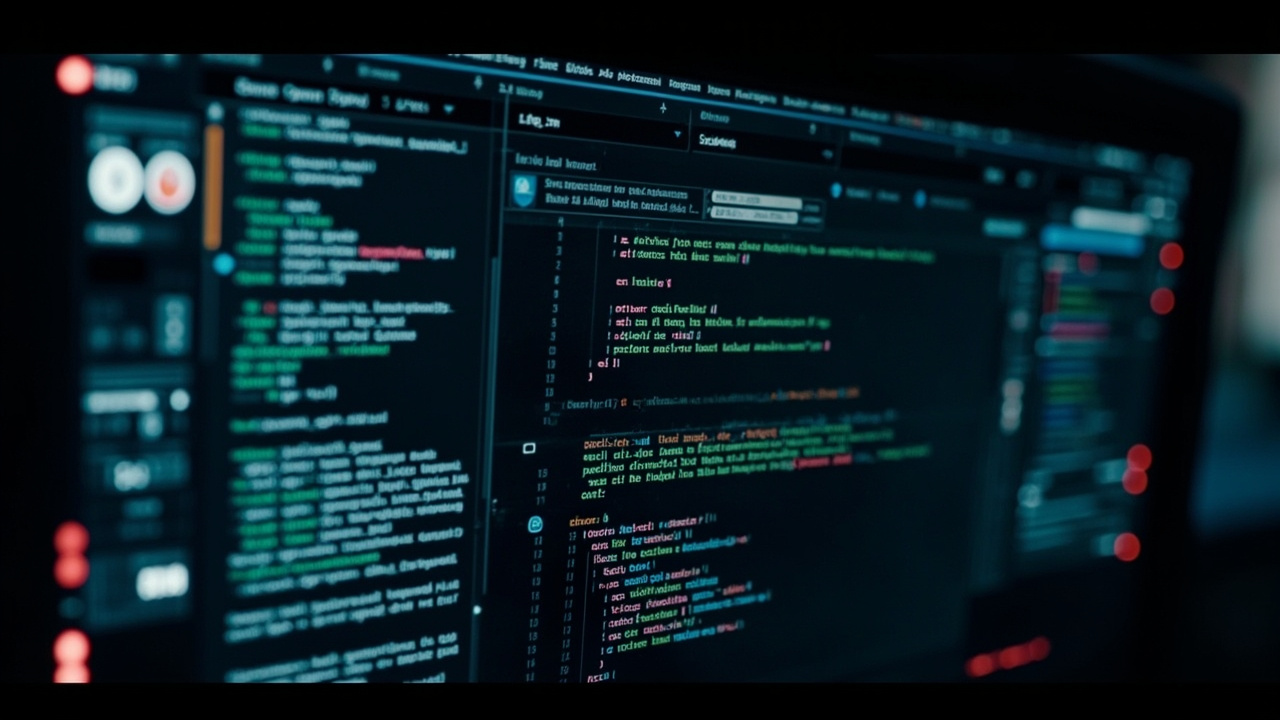 Imagen generada por IA con el prompt: A terminal window with a futuristic coding agent interface, showing split panes with code edits, search results, and debug output, stylized with neon colors and a dark theme, no real faces or logos.