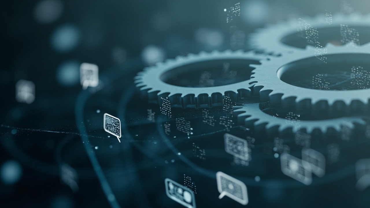 Imagen generada por IA con el prompt: Editorial illustration of interconnected browser windows, code brackets, and overlapping gears representing web standards and interoperability, muted blue and gray tones, minimalist style