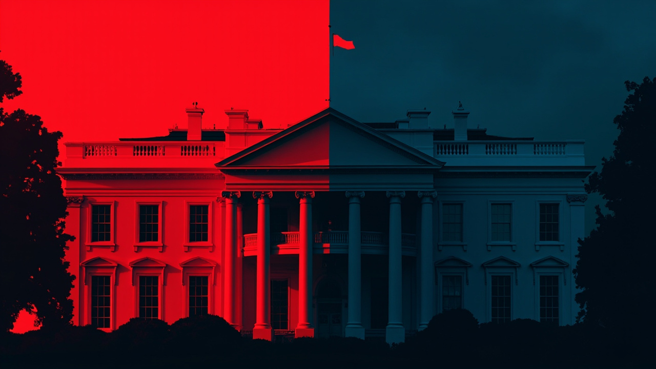 Imagen generada por IA con el prompt: Editorial illustration of a split White House facade with two opposing shadowy silhouettes, divided red and navy tones, minimalist flat design, no text or recognizable faces