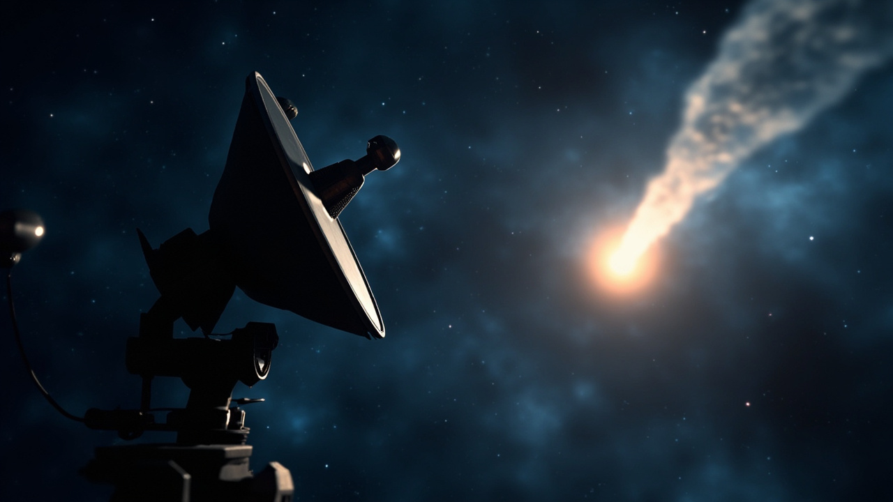 Imagen generada por IA con el prompt: Radiotelescope array pointing at a bright comet with a glowing tail against a starry space background, scientific observation, clean and realistic digital art, no text or logos.