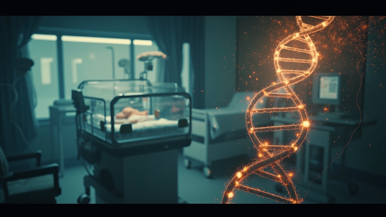 Imagen generada por IA con el prompt: Soft-lit NICU scene with a baby incubator and abstract glowing DNA helix intertwined with neural network nodes, muted blue and warm amber tones, editorial illustration style.