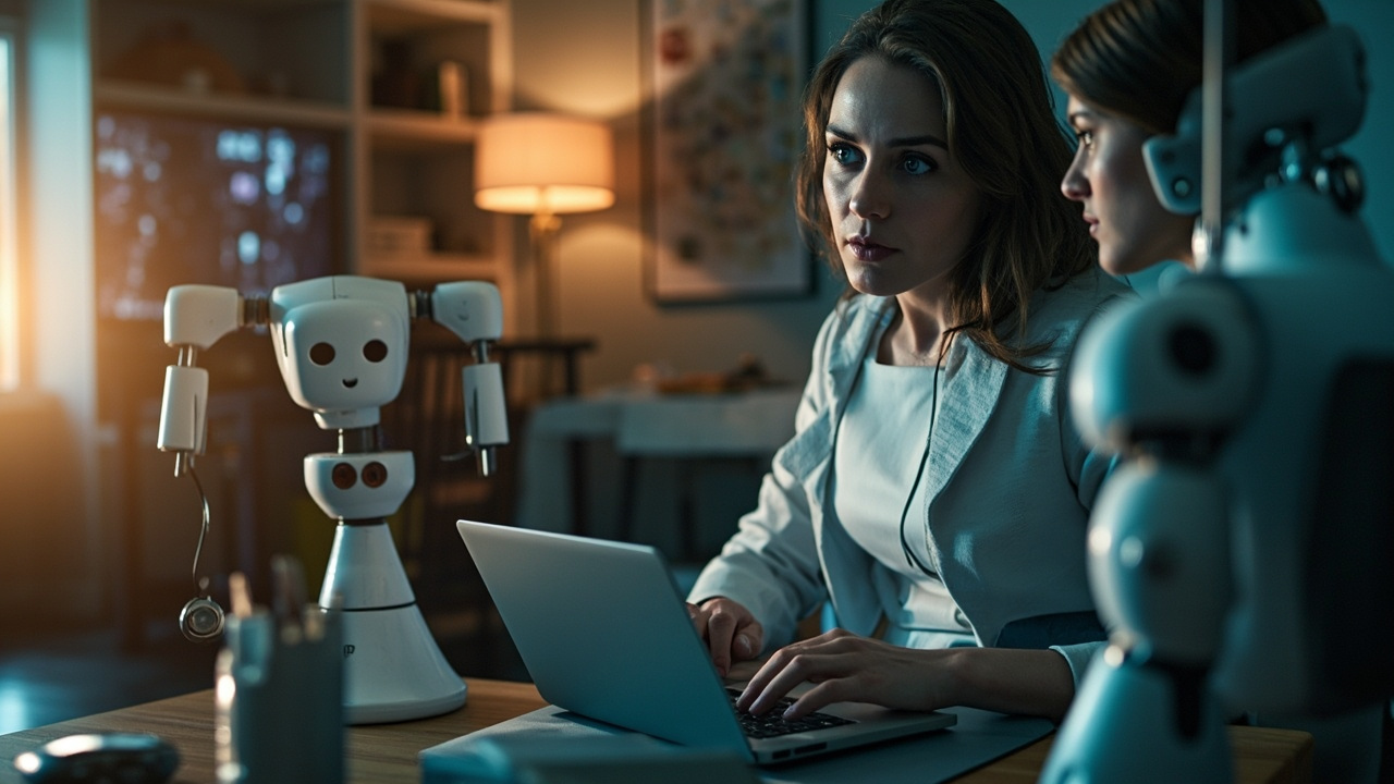 Imagen generada por IA con el prompt: Editorial illustration of a woman tech journalist with a laptop and a humanoid robot companion, surrounded by smart home devices and a blurred domestic background, representing a year-long AI experiment.