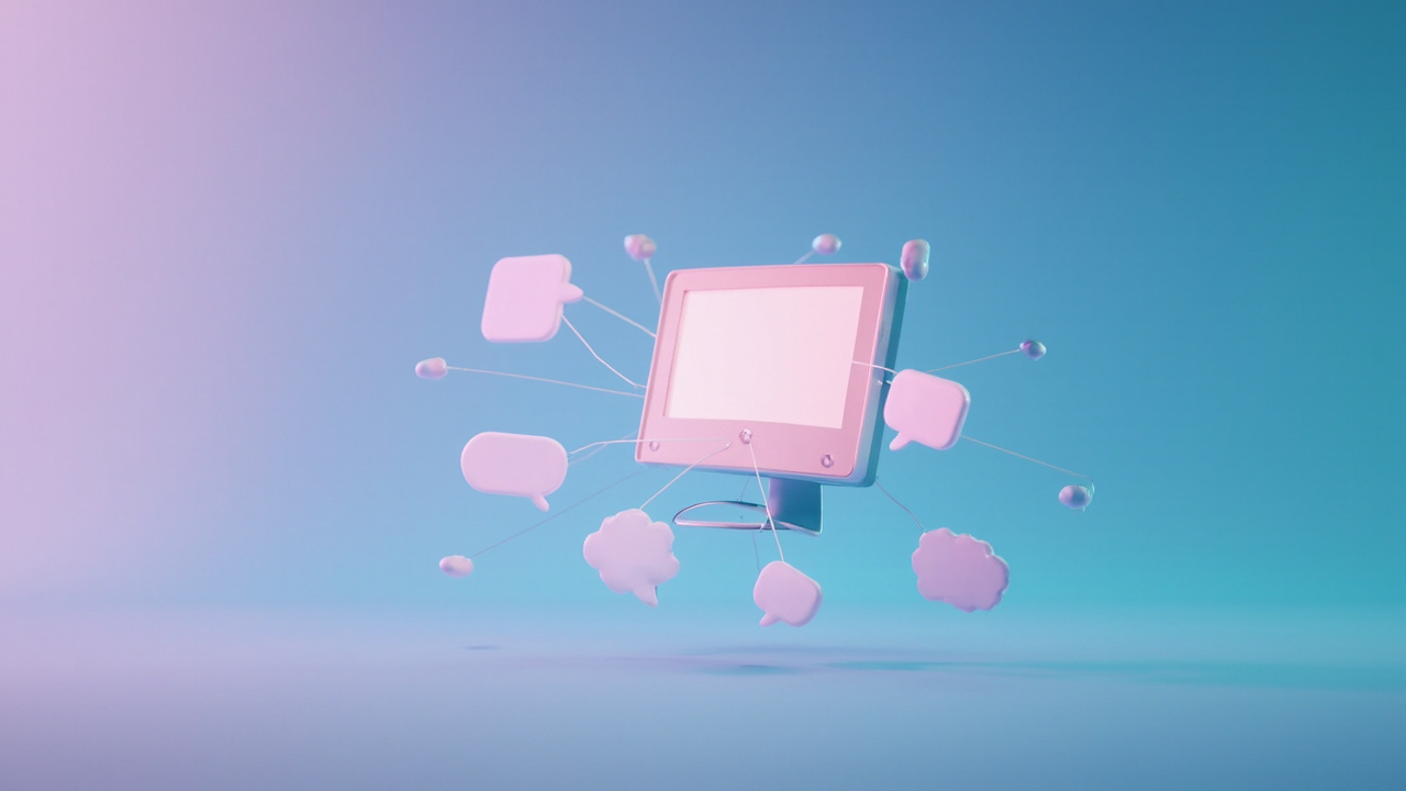 Imagen generada por IA con el prompt: Minimalist editorial illustration of a small desktop computer with multiple chat bubbles and agent nodes radiating outward, soft pastel palette, clean lines, no text or logos