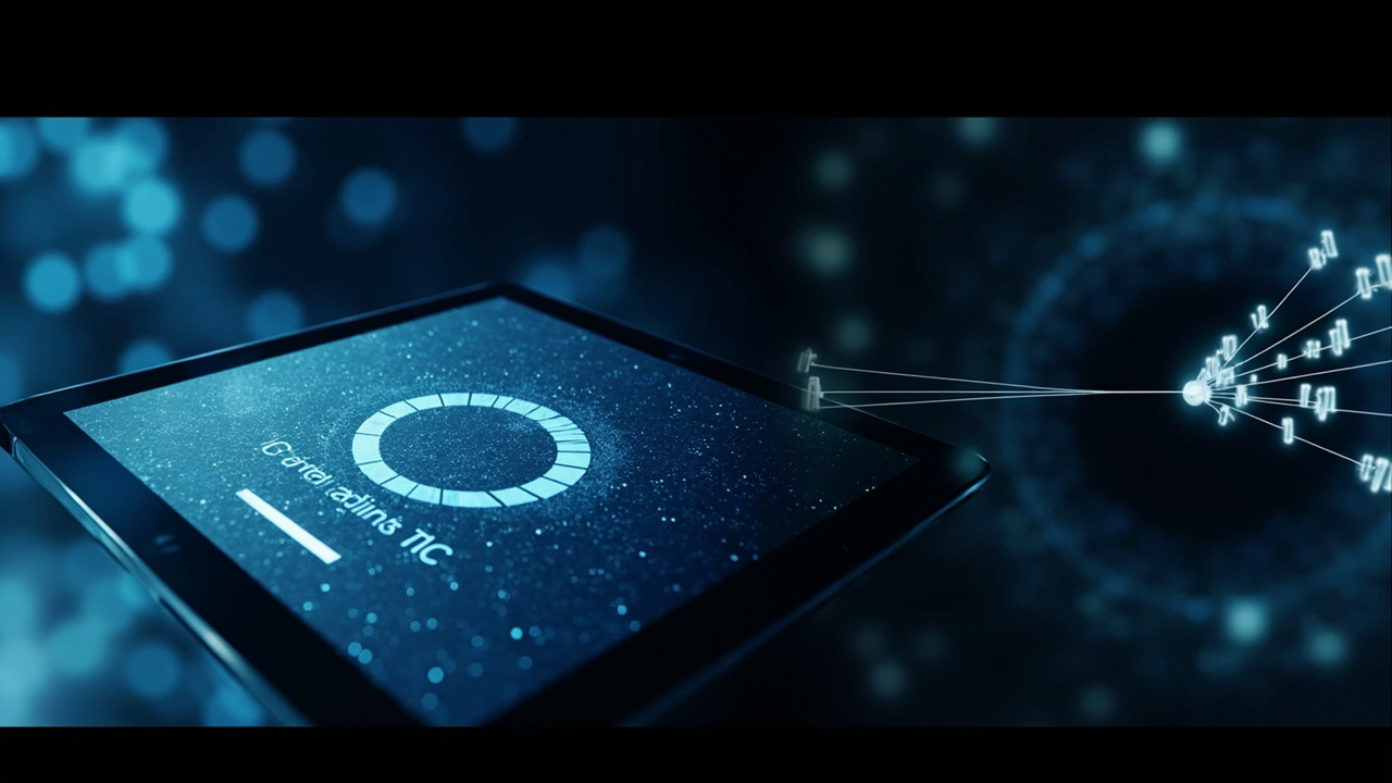 Imagen generada por IA con el prompt: Split-screen technical illustration: on the left a stylised tablet with a frozen loading spinner, on the right a network diagram of small packets crossing a tunnel into a black hole