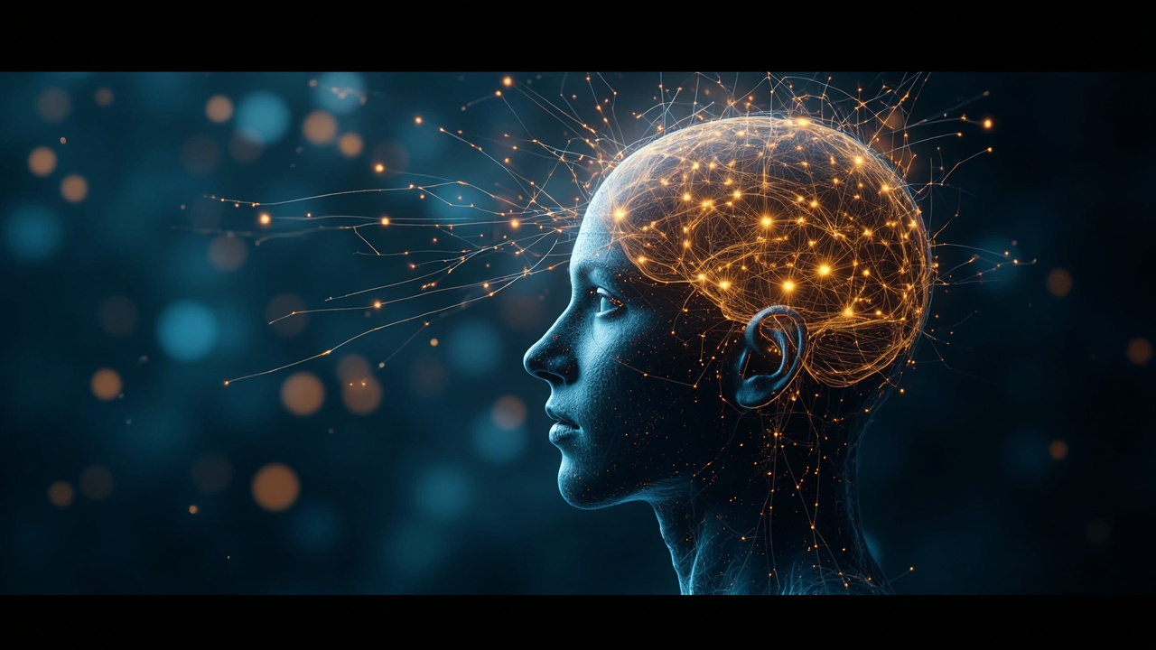 Imagen generada por IA con el prompt: Futuristic neural network visualization merging with a human brain, glowing synaptic connections, abstract blue and gold tones, scientific and clean, no text or logos.