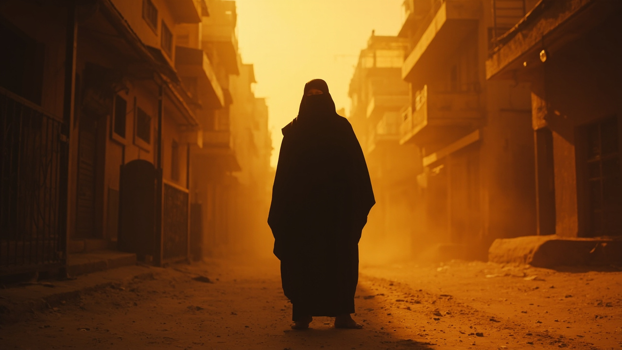 Imagen generada por IA con el prompt: Dark silhouette of a young veiled figure standing alone in an empty dusty Middle Eastern street, warm muted ochre tones, somber editorial illustration style, oppressive atmosphere