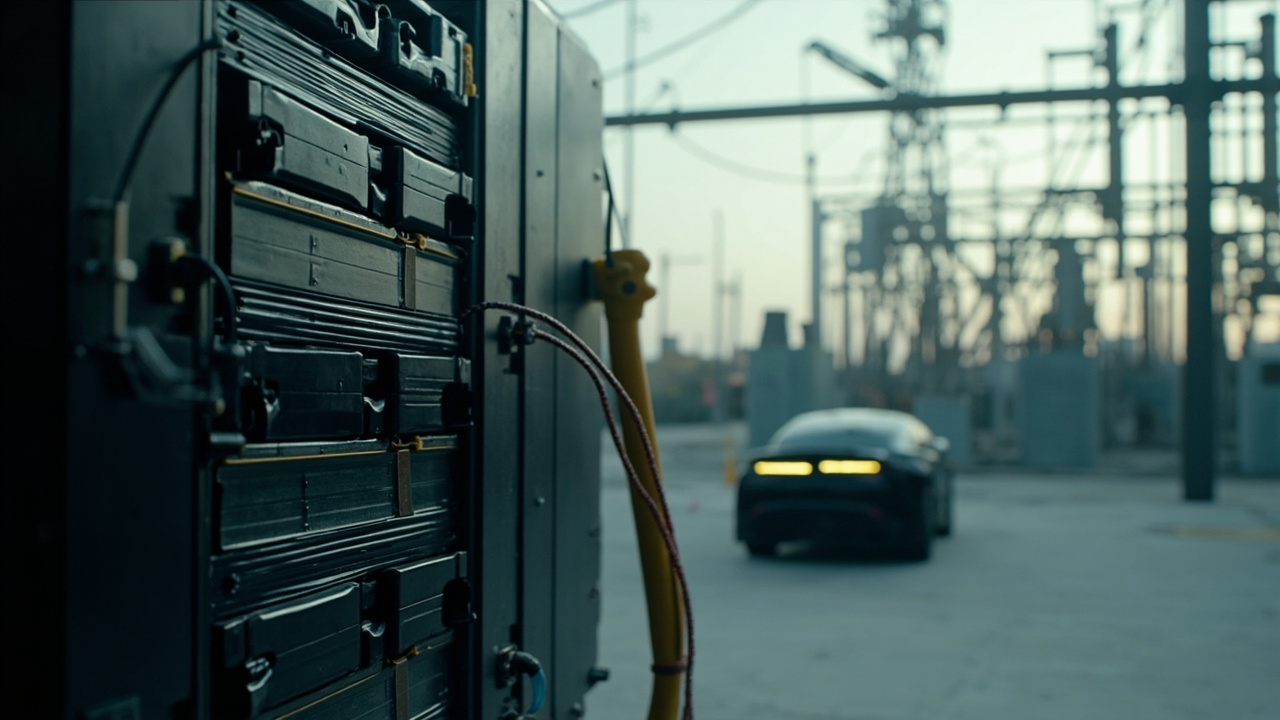 Imagen generada por IA con el prompt: A stack of used electric vehicle batteries connected to a power grid substation, with a Waymo robotaxi in the background, industrial setting, clean energy theme.