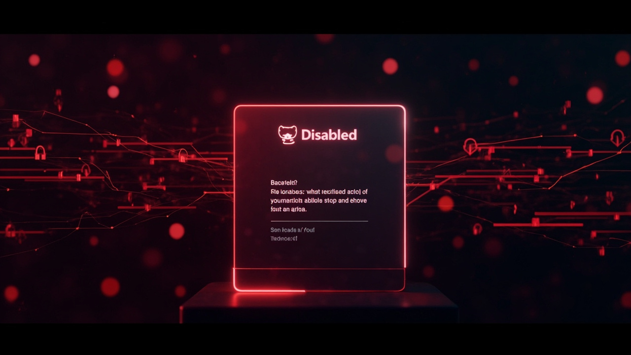 Imagen generada por IA con el prompt: Editorial illustration of a glowing GitHub repository page marked disabled, with digital code lines turning into red lock icons and tangled wires, dark cybersecurity aesthetic, no logos or text