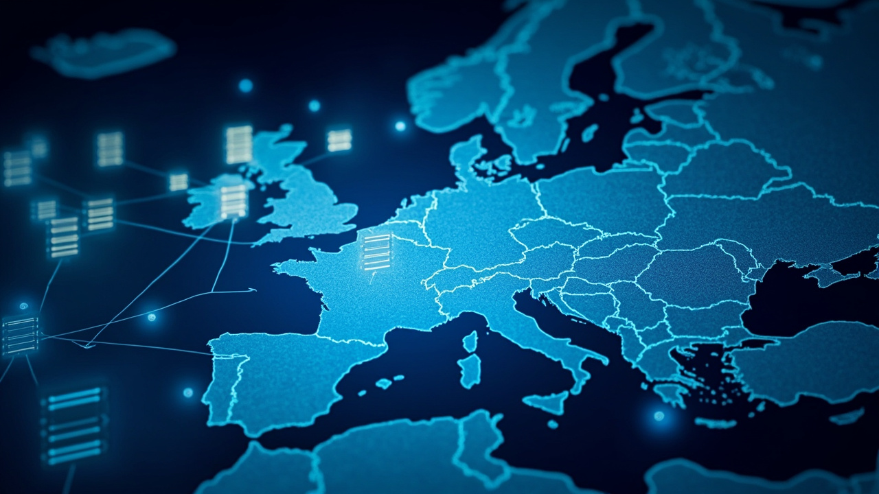 Imagen generada por IA con el prompt: Editorial illustration of a European Union map with server racks and satellite constellation overhead, contrasted with fading US cloud icons; digital sovereignty concept, cool blue tones, clean vector style.