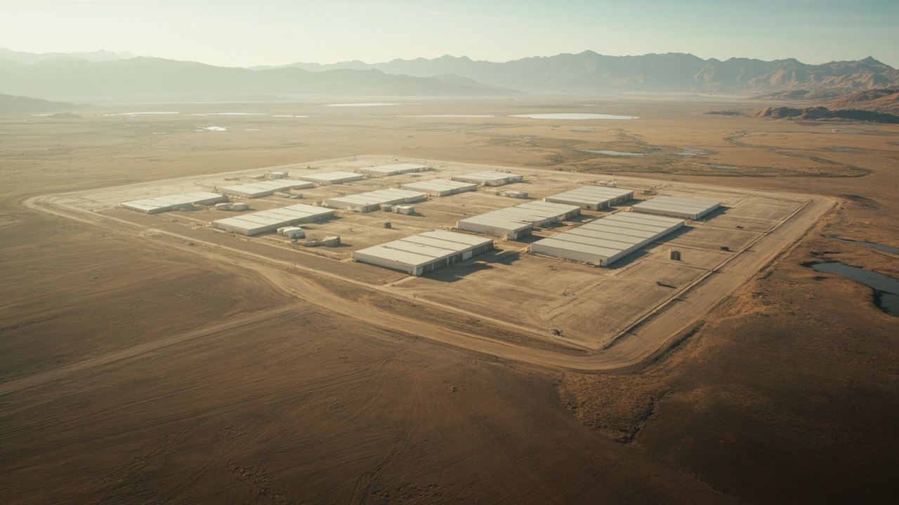 Imagen generada por IA con el prompt: Aerial editorial photo of a vast flat Utah landscape with proposed data center buildings amid open terrain, distant mountains, and a nearby wetland, muted earthy tones.