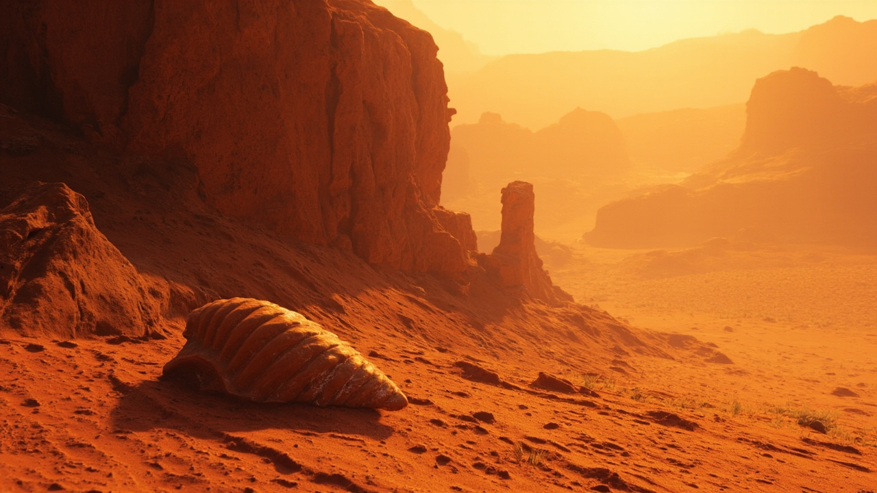 Imagen generada por IA con el prompt: A seashell-shaped rock at the base of a red sandstone cliff in a vast desert, golden sunlight, high detail, photorealistic, no people, no text.