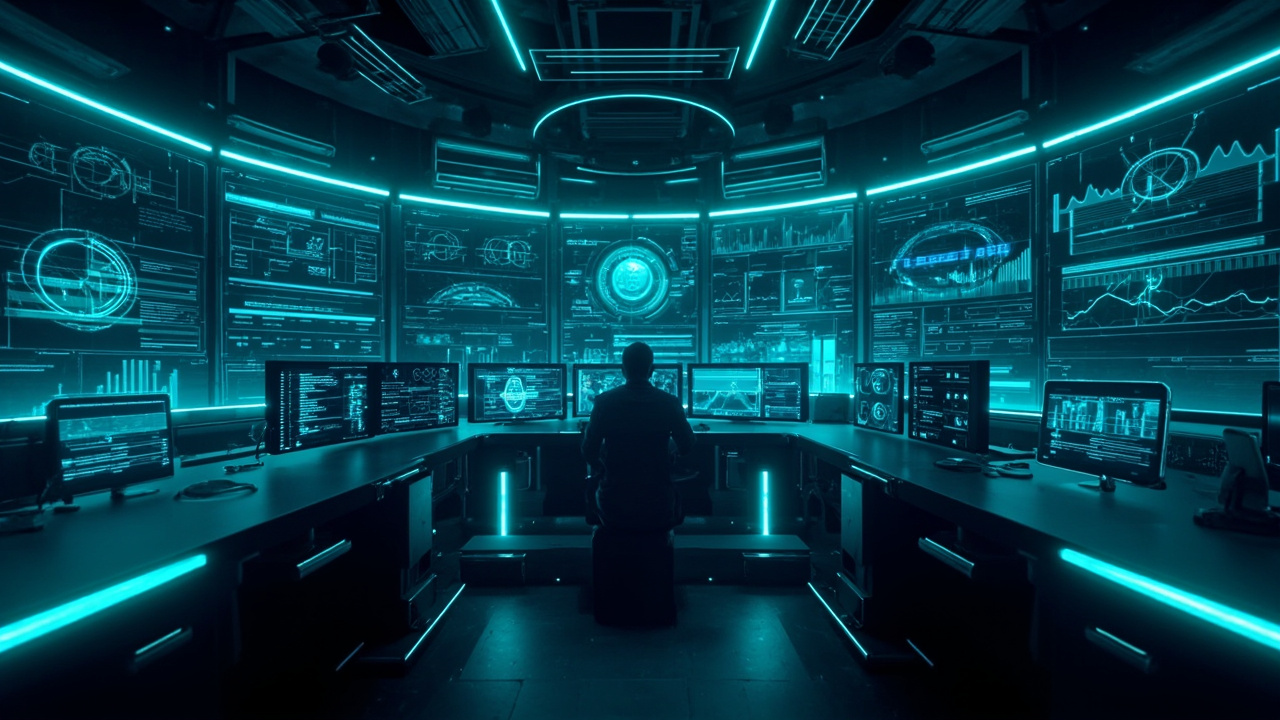 Imagen generada por IA con el prompt: Editorial flat illustration of a futuristic observability control room with glowing dashboards, data streams, and AI monitoring graphs in deep navy and teal tones, abstract and modern.