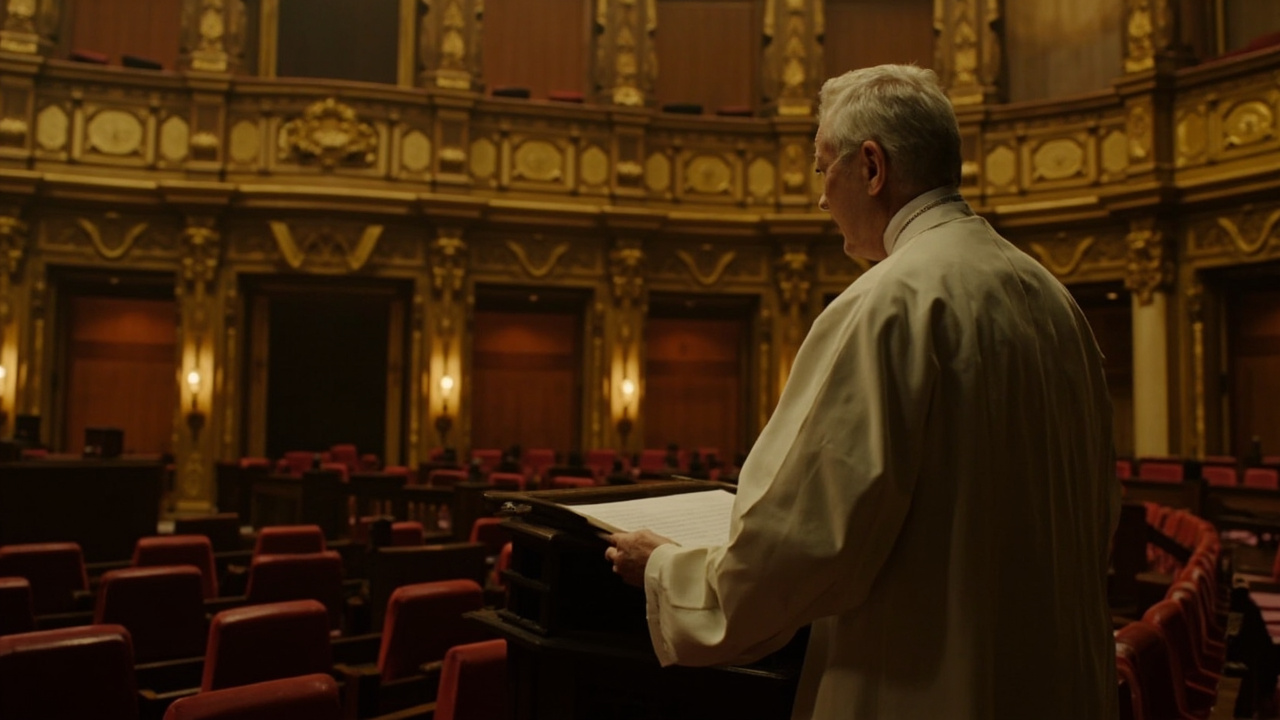Imagen generada por IA con el prompt: Interior of a grand parliamentary chamber with ornate architecture, a white robed figure standing at a lectern addressing rows of empty seats, golden woodwork, soft warm lighting, editorial style