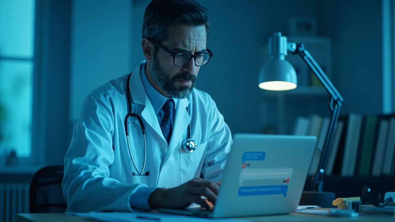 Imagen generada por IA con el prompt: Editorial illustration of a doctor at a desk with a laptop showing a health chatbot conversation, soft blue clinical lighting, medical books and stethoscope in background, calm neutral palette