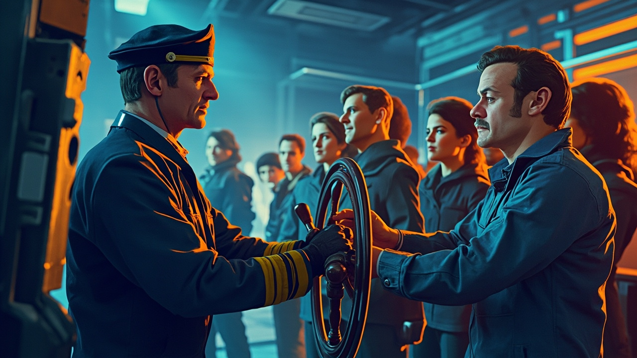 Imagen generada por IA con el prompt: Illustration of a submarine captain handing over the wheel to a diverse team of engineers in a modern tech office, symbolizing leader-leader transition, abstract style, warm lighting, blue and orange tones, no text.
