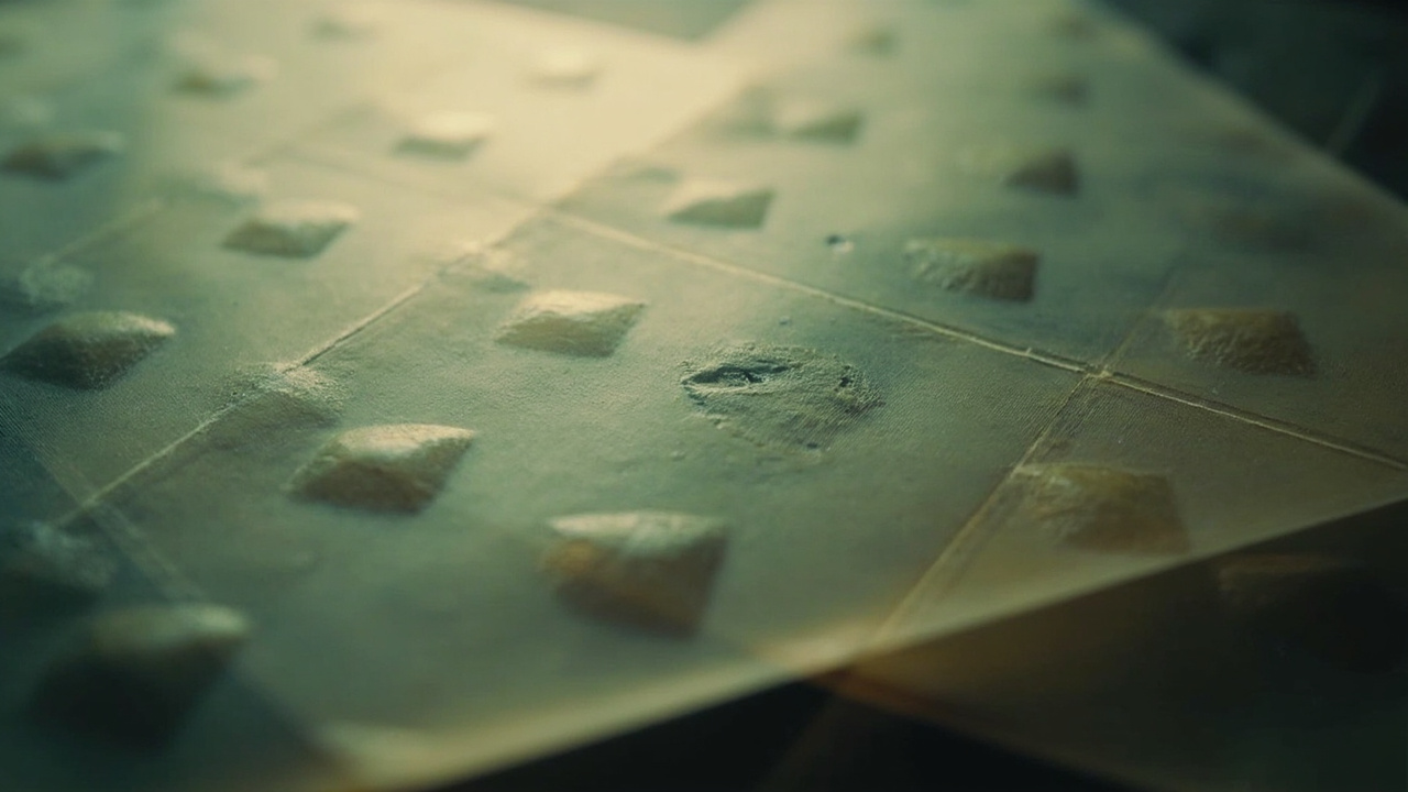 Imagen generada por IA con el prompt: Close-up of intricate geometric security envelope patterns in muted colors, overlaying a translucent envelope, soft lighting, vintage aesthetic.