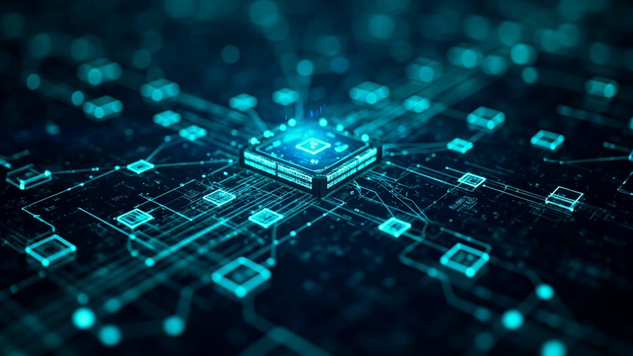 Imagen generada por IA con el prompt: Abstract isometric network of glowing teal and indigo memory nodes connected by data streams, layered protocol architecture above, dark navy background, editorial tech illustration