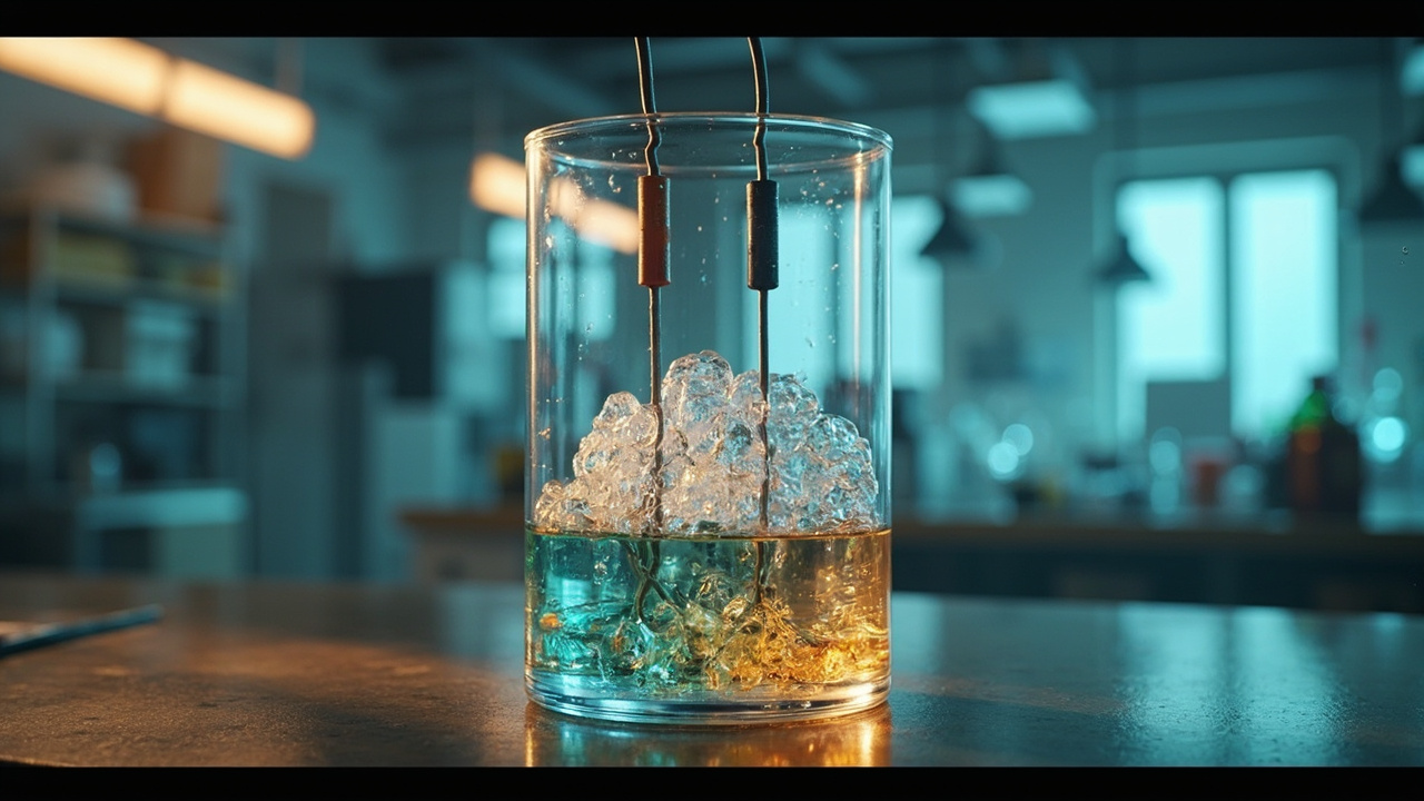 Imagen generada por IA con el prompt: Editorial illustration of a transparent electrolysis cell with two electrodes connected to a battery, bubbles rising in colored liquid, lab workshop background, soft lighting, scientific style.