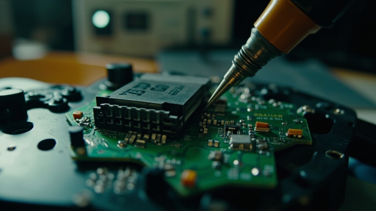 Imagen generada por IA con el prompt: Close-up of a disassembled guitar amplifier PCB with soldered wires leading to an FTDI JTAG module. A soldering iron and oscilloscope are visible in the background. Style: technical, realistic, well-lit, no people.