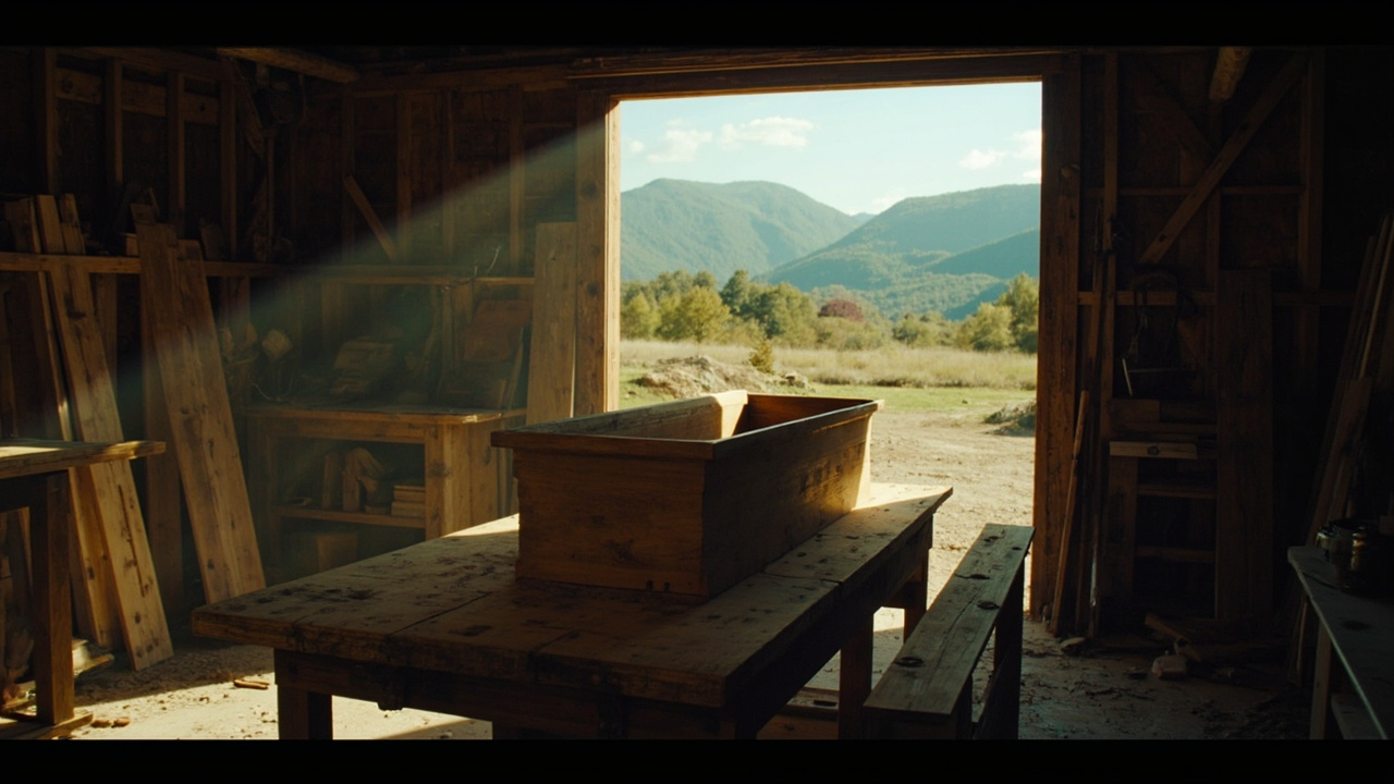 Imagen generada por IA con el prompt: Wooden casket being built in a sunlit barn workshop, oak boards, hand tools scattered on a workbench, blue mountains visible through open doors, rural North Carolina afternoon