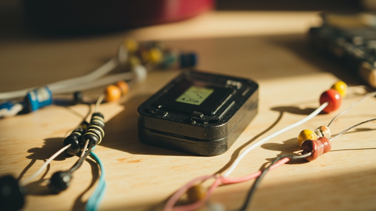Imagen generada por IA con el prompt: Compact pocket-sized electronic device with a small display, surrounded by colorful resistors, capacitors and jumper wires on a clean wooden workbench, soft natural daylight, editorial product photography style