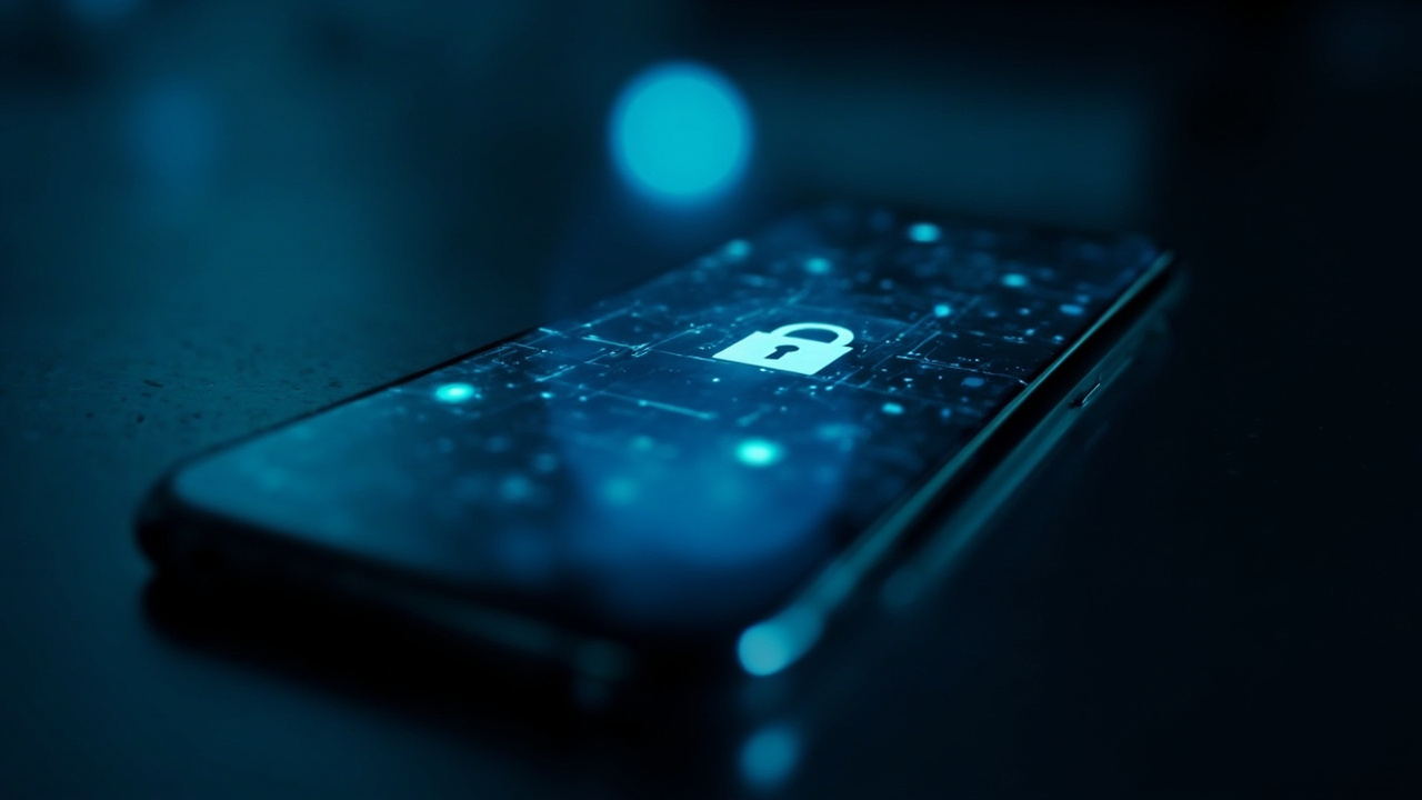 Imagen generada por IA con el prompt: Smartphone displaying a security update notification, abstract digital padlock and shield icon, blue and dark cyan tones, editorial illustration style, no text or faces