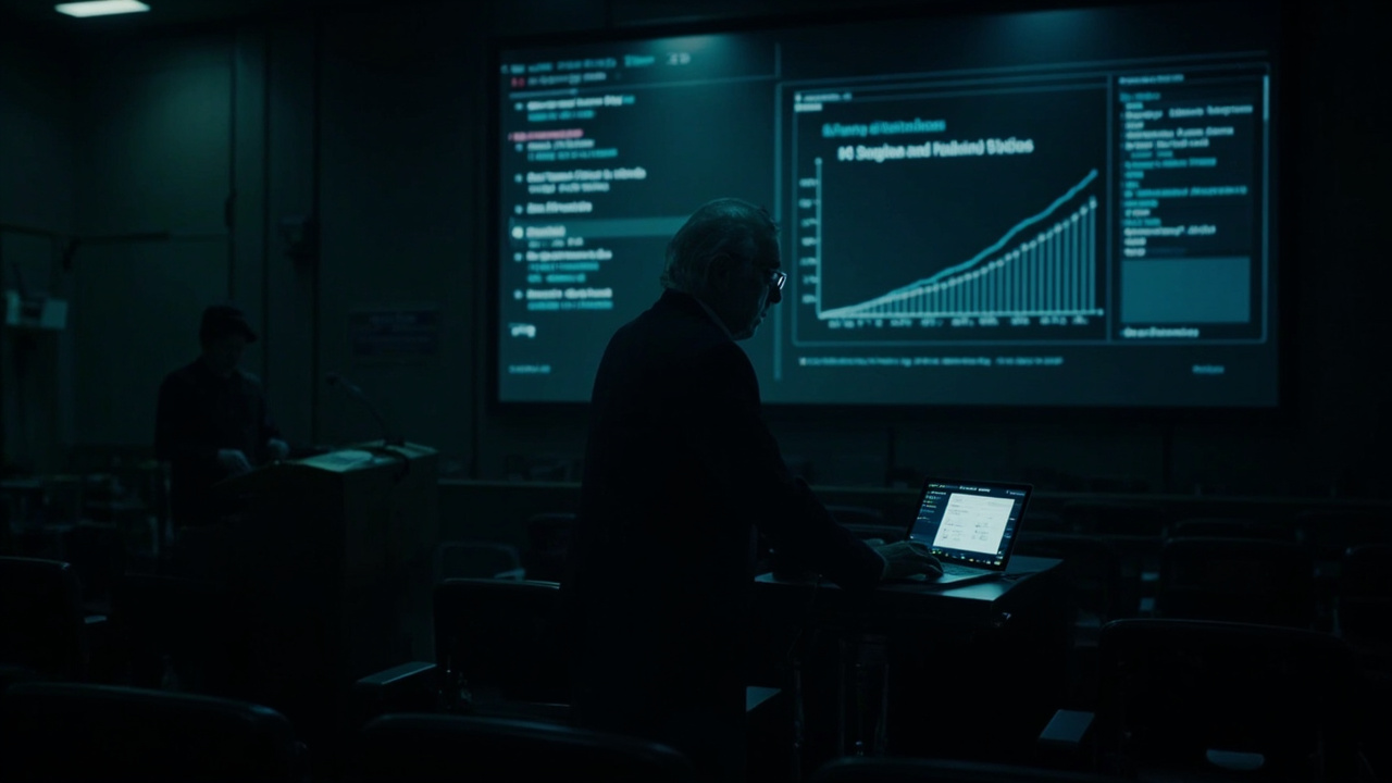 Imagen generada por IA con el prompt: A dimly lit university lecture hall with mostly empty seats, a professor standing at a podium looking at a laptop displaying AI code, large screen showing a graph of failing grades, photorealistic style, no recognizable 