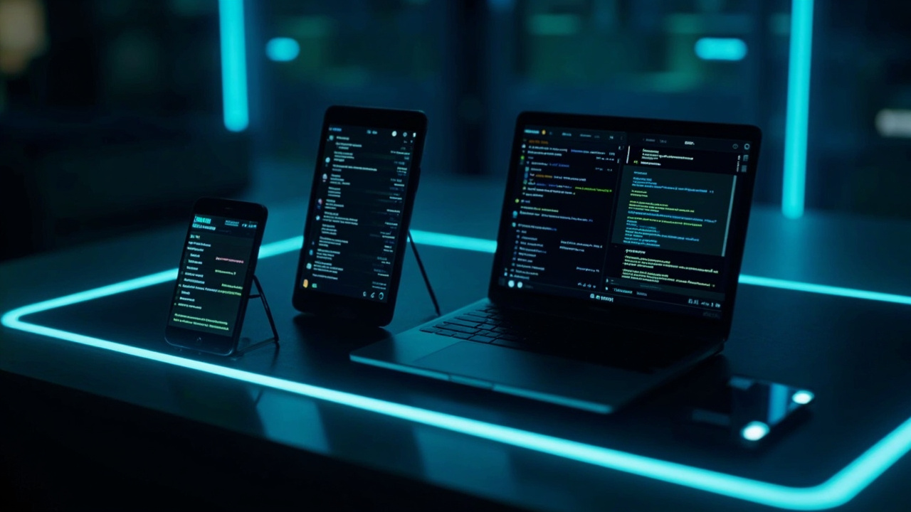 Imagen generada por IA con el prompt: A modern developer's desk with a laptop, smartphone and tablet showing terminal windows and chat interfaces, connected by soft glowing lines, blue ambient light, clean tech aesthetic, no people or logos