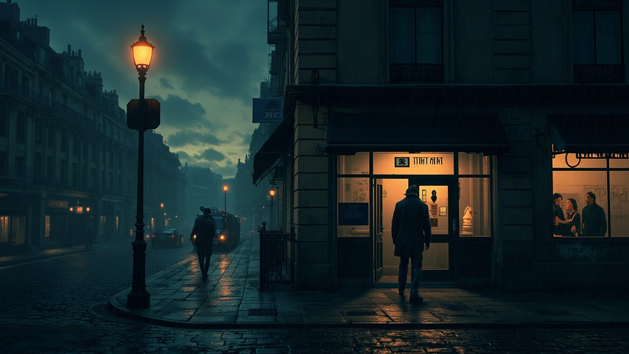 Imagen generada por IA con el prompt: Moody editorial illustration of a Parisian police station at dusk, a single silhouette entering the building, rain on cobblestones, muted blue and amber tones, cinematic and somber atmosphere.