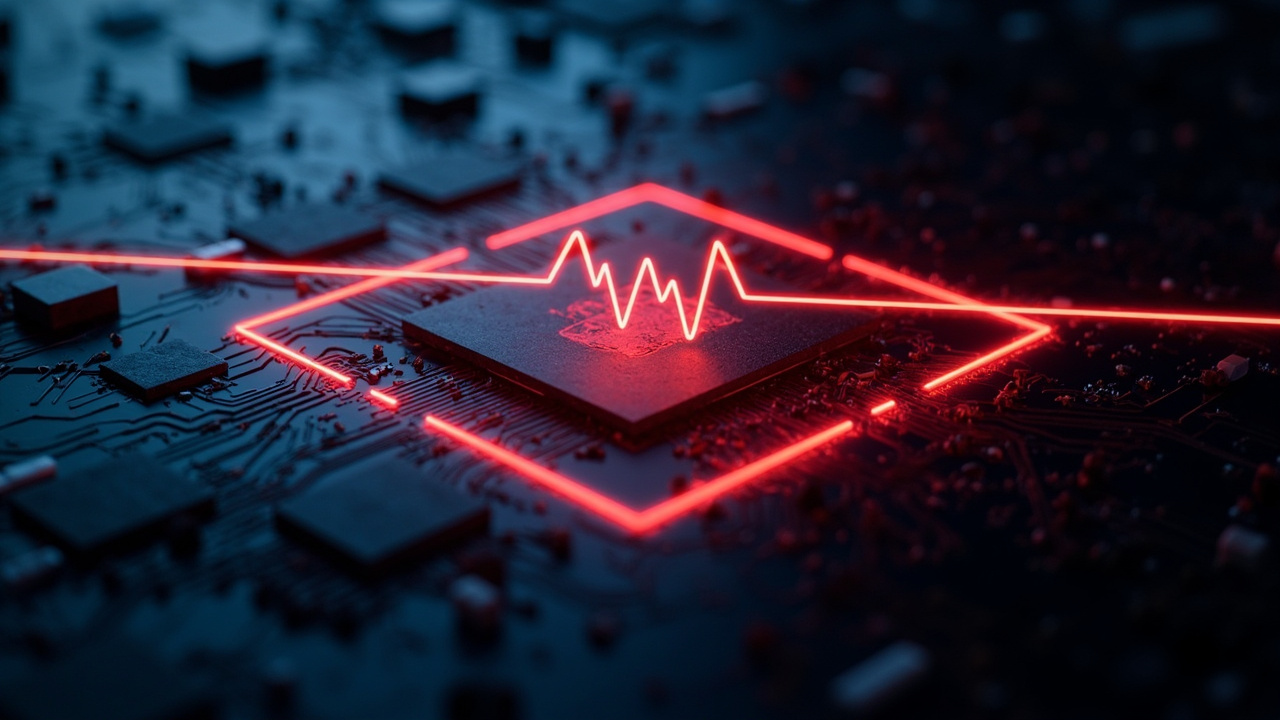 Imagen generada por IA con el prompt: Editorial digital illustration of a glowing red memory chip with cracks spreading across its surface, a stylized heart pulse line weaving through the circuit traces, dark blue gradient background, dramatic lighting