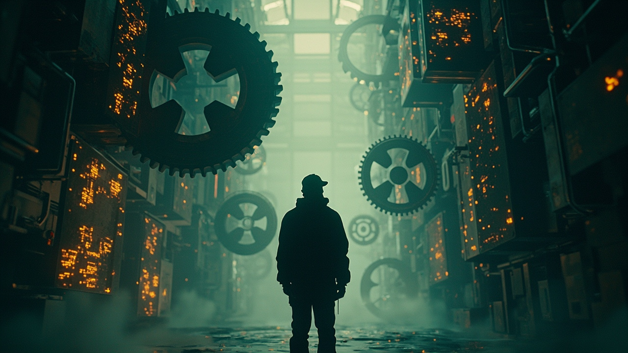 Imagen generada por IA con el prompt: Editorial conceptual illustration: a human silhouette standing between oversized industrial gears and glowing circuit boards, muted teal and amber palette, systems thinking metaphor, no text, no logos, no real faces