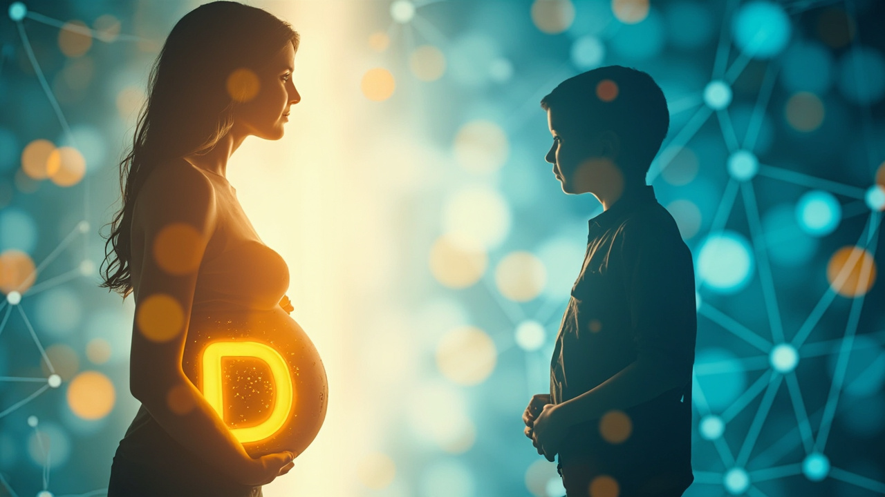 Imagen generada por IA con el prompt: Editorial illustration of a pregnant silhouette with vitamin D capsules, a 10-year-old child silhouette, and neural network connections, soft blue and warm yellow tones, scientific medical style, no real faces, no text