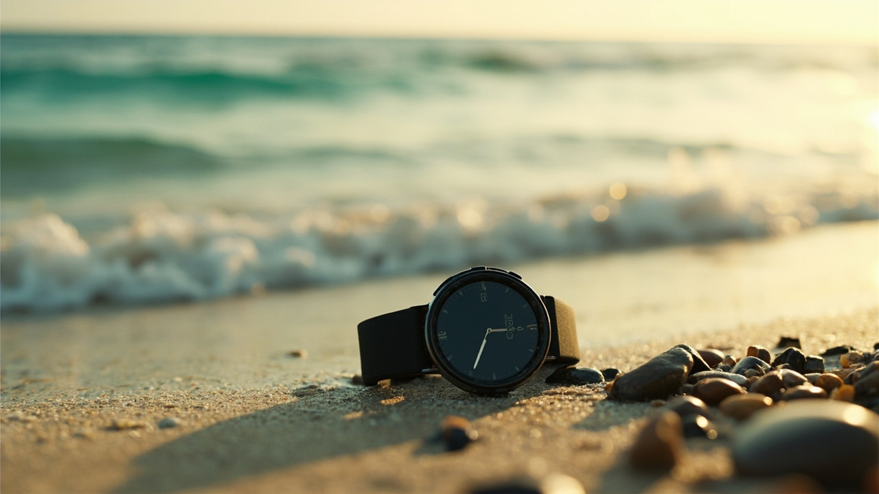 Imagen generada por IA con el prompt: A sleek round smartwatch lying on wet sand and pebbles on a tropical Caribbean shoreline, gentle turquoise waves in the background, soft golden hour light, no people, no logos, editorial photo style