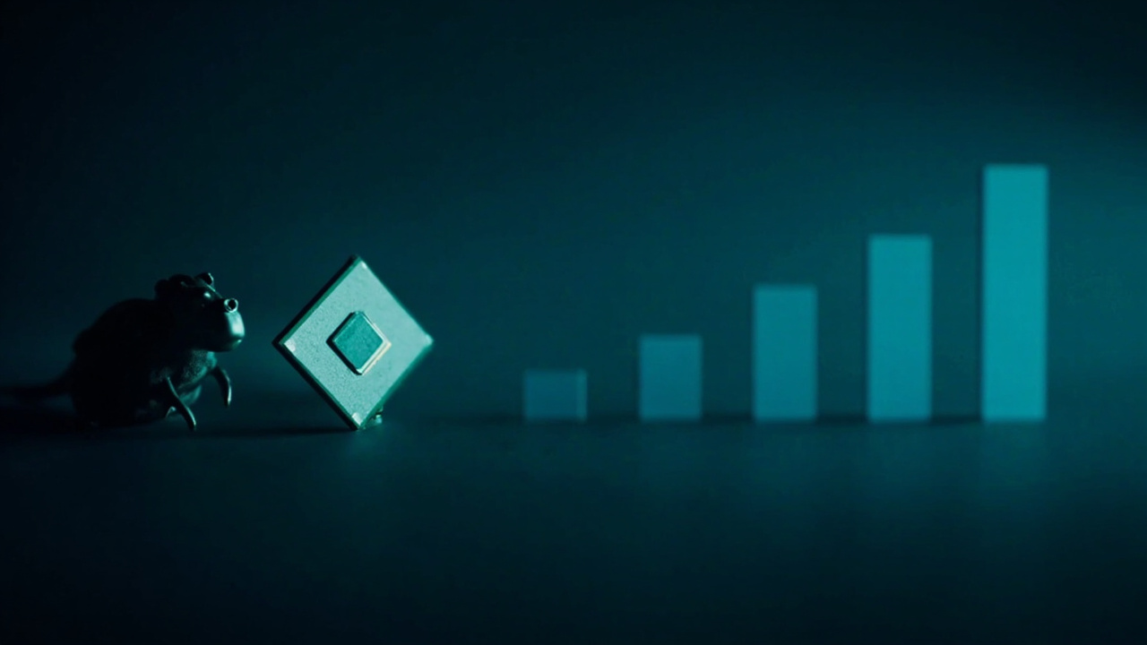Imagen generada por IA con el prompt: Editorial flat illustration of a CPU die next to a Go gopher silhouette and a bar chart showing rising performance across four microarchitecture levels, dark blue and teal palette