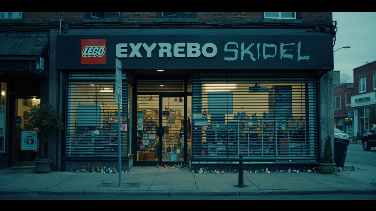 Imagen generada por IA con el prompt: Editorial illustration of a closed LEGO specialty store in a small Oregon town, shuttered windows, scattered minifigures on the sidewalk, muted corporate-document aesthetic, blue-grey tones