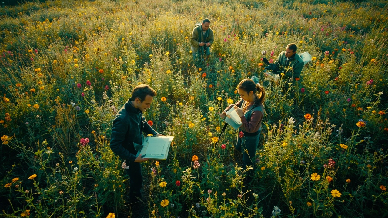 Imagen generada por IA con el prompt: Aerial view of a restored wildflower meadow in Surrey, with volunteers performing ecological surveys, satellite imagery overlay symbolizing AI technology, no faces, no text.