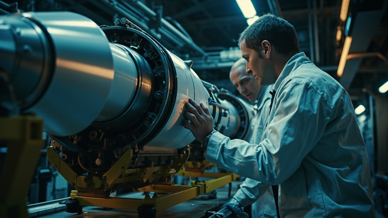 Imagen generada por IA con el prompt: Aerospace engineers inspect a rocket propulsion system on a test stand in a clean industrial facility, metallic spacecraft hardware, dramatic lighting, editorial style