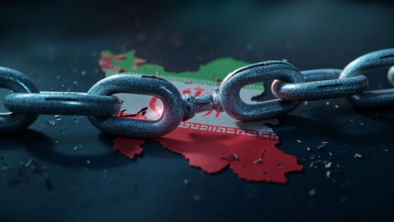 Imagen generada por IA con el prompt: Editorial illustration of a broken chain with digital links, a map of Iran in dim background, symbolizing end of internet blockade, digital art style, vibrant colors, no text or faces.
