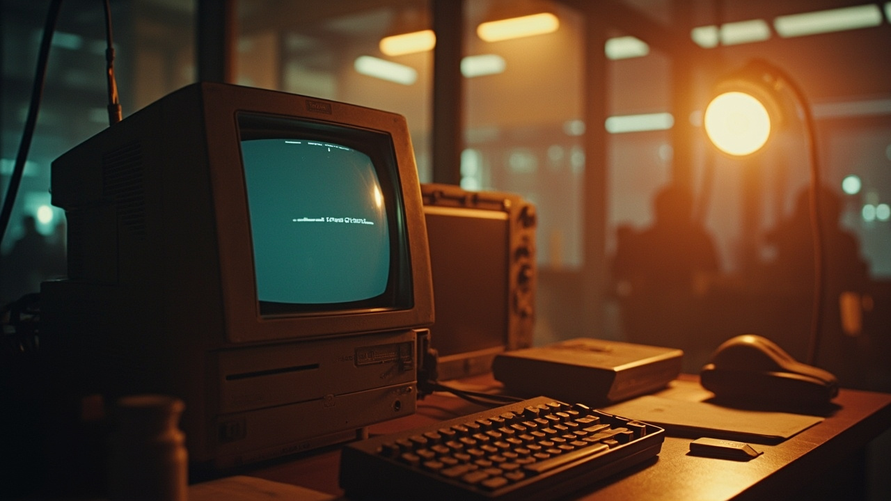 Imagen generada por IA con el prompt: Editorial illustration of a vintage 1983 desktop PC clone on a desk beside a keyboard, warm retro office lighting, 1980s computing aesthetic, soft focus background