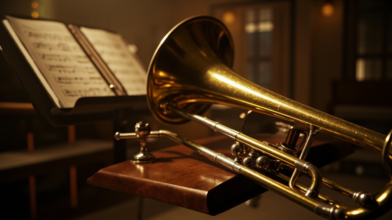 Imagen generada por IA con el prompt: A polished brass tenor trombone lying on a wooden music stand in a softly lit practice room, with open sheet music and a mute nearby, warm editorial tone
