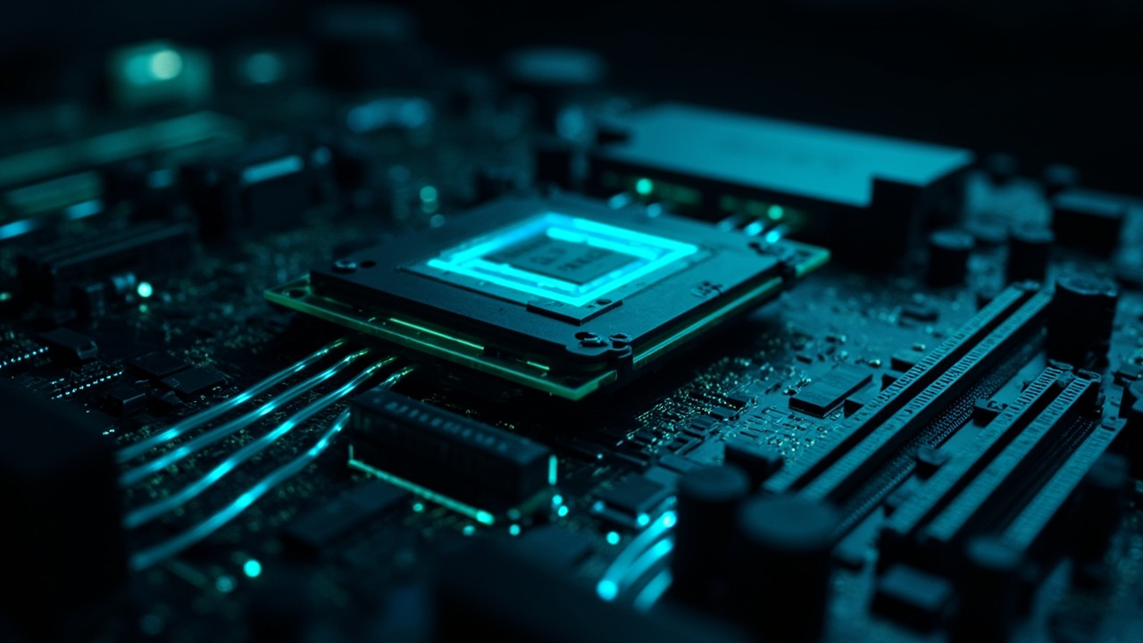 Imagen generada por IA con el prompt: Stylized laptop motherboard with glowing NVIDIA GPU chip, blue data flow lines connecting RAM modules to VRAM. Dark editorial tech illustration, neon cyan accents, shallow depth of field.
