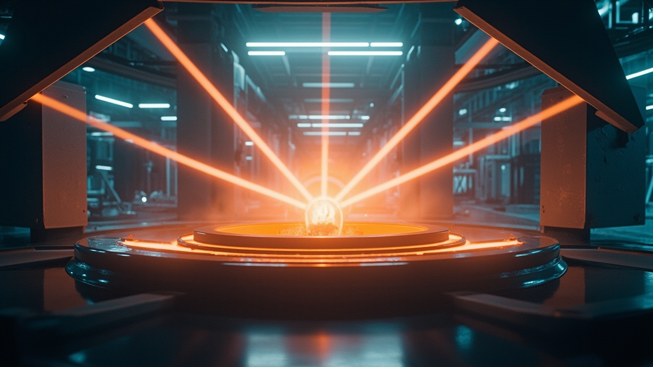 Imagen generada por IA con el prompt: Futuristic fusion reactor concept with bright laser beams converging on a glowing fuel target inside a clean industrial facility, soft blue and orange lighting, photorealistic editorial illustration