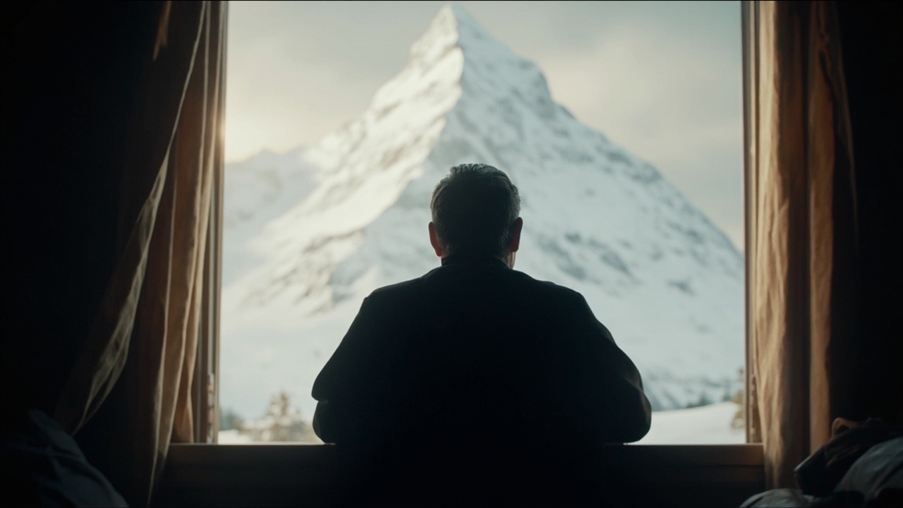 Imagen generada por IA con el prompt: Solitary figure seen from behind, looking through a window at a distant snow-covered mountain peak, warm interior light, contemplative mood, editorial illustration style, soft muted palette.